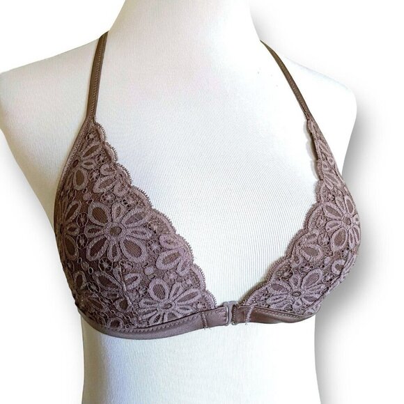 Victorias Secret XS Bralette Mocha Lace Racerback Front Close Bra Removable Pads - Picture 2 of 9